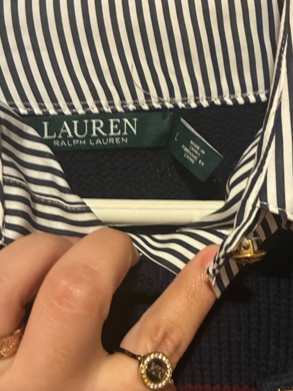 Ralph Lauren Navy & Burgundy Layered Bullion-Crest Top Striped Crewneck - Picture 2 of 5